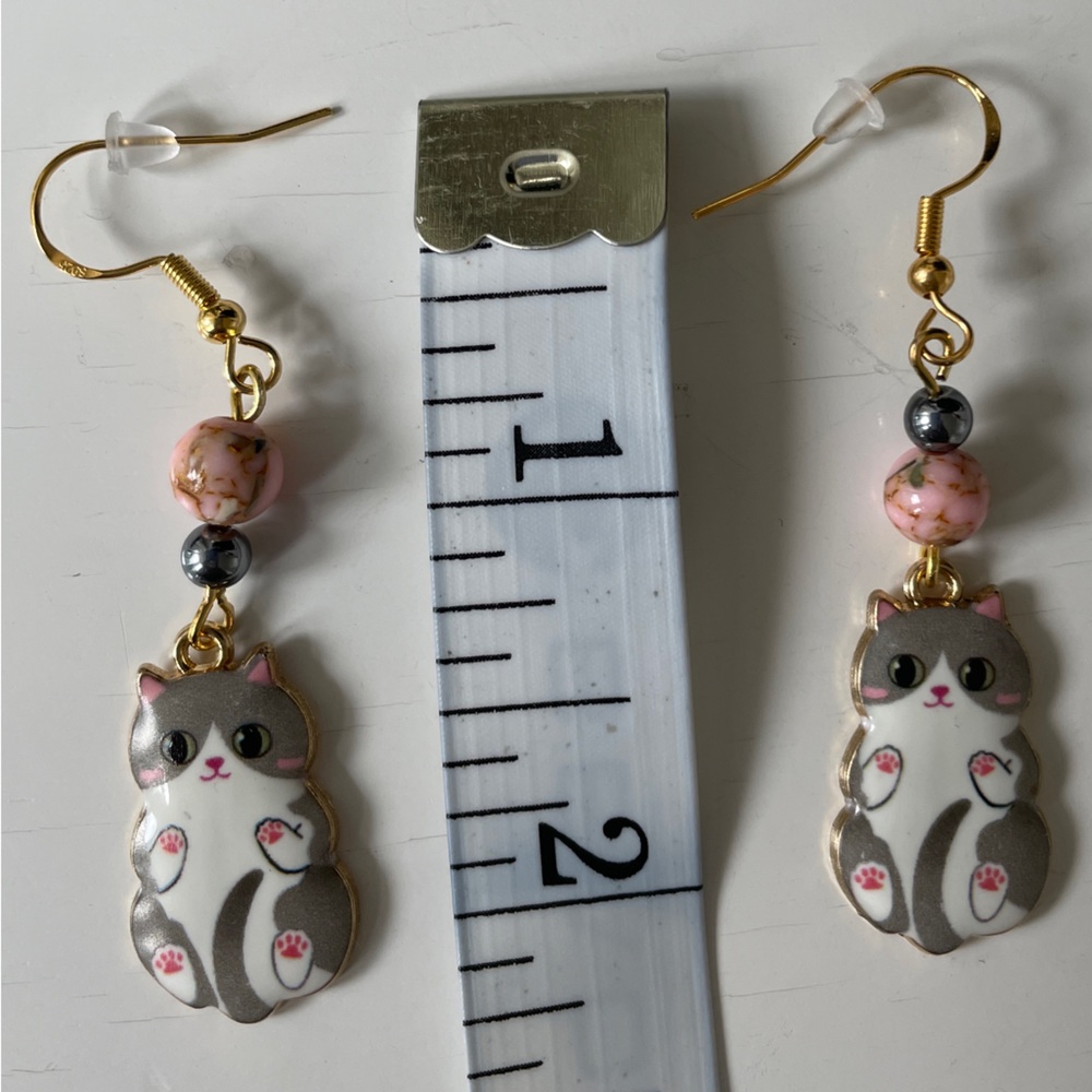 Cat Pendant Earrings with Pink & Gray Stone Beads - Picture 5 of 5